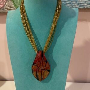 Elegant Murano Style Gold and Red Pendant Necklace Microbeads